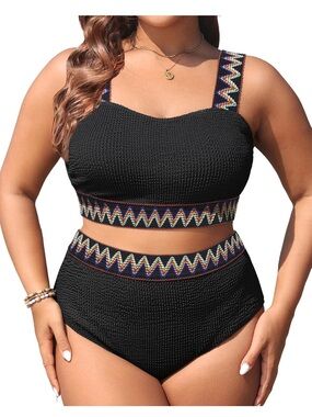 Daci Plus Size Black Textured High-Waist Bikini with Multicolor Chevron Trim 18W